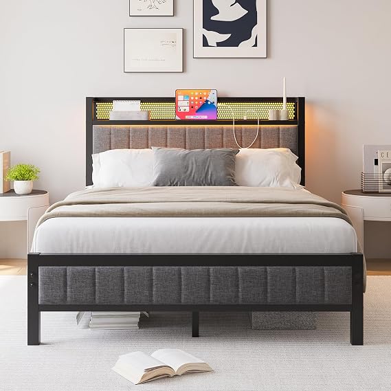 4ft6 Double Bed Frame with Storage Headboard, USB & LED Lights,Gray