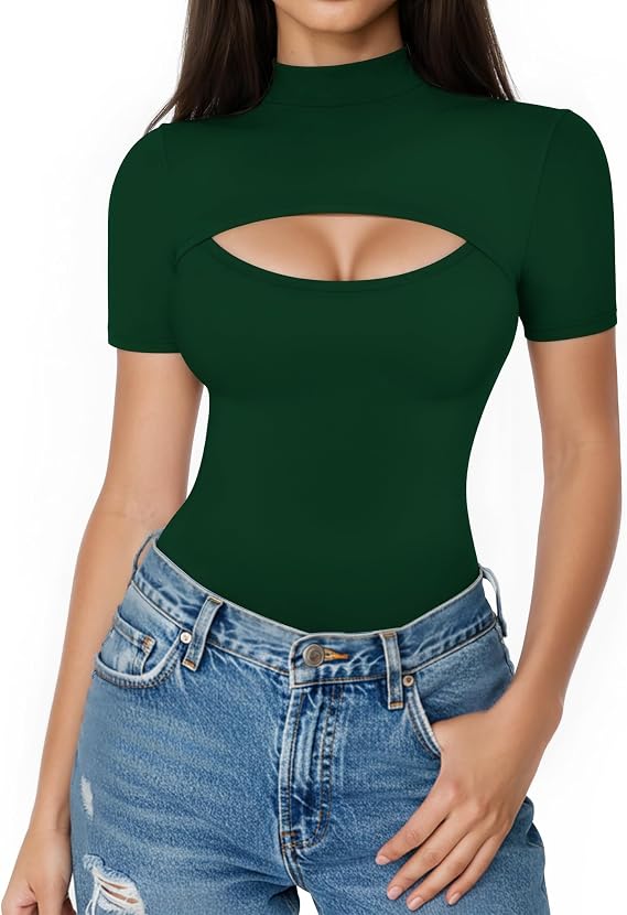 ALGALAROUND Short Long Sleeve Shirts for Women Basic Mock Turtle Neck Cut Out Tops Going Out T-Shirt Tee