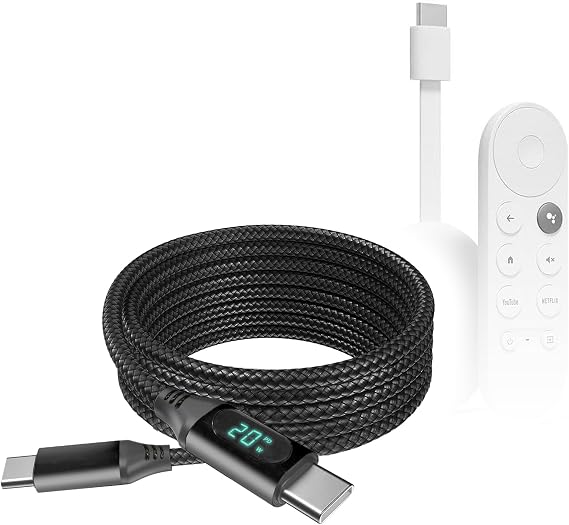 BoxWave Cable Compatible with Google Chromecast with TV - PowerDisplay PD Cable (6ft) - USB-C to USB-C (100W), LED Wattage Info Extra Long Braided Nylon - Jet Black