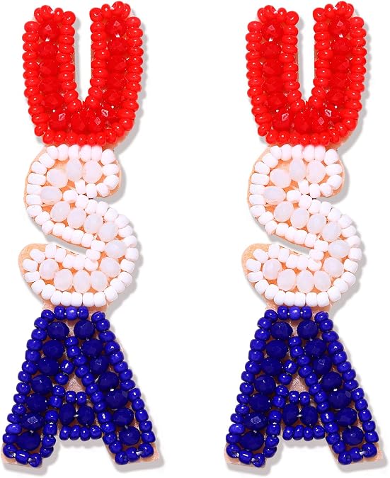 American Flag Earrings - Beaded Heart Star Flag Dangle Drop Patriotic Earrings for Women - Handmade Independence Day & 4th of July Holiday Gifts
