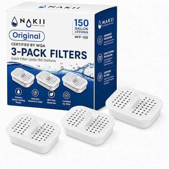 Nakii Genuine Original NFP-100 Replacement Water Filters, Official Nakii Pitcher Filter Refills, 3 Pack, WQA Certified, NSF Grade, 150-Gallon Long Life Filters, Reduces Chlorine, Mercury, Rust & More