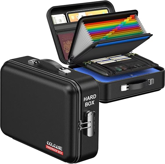 COLCASE Fireproof Document Box with Lock, Hard Fireproof Document Organizer