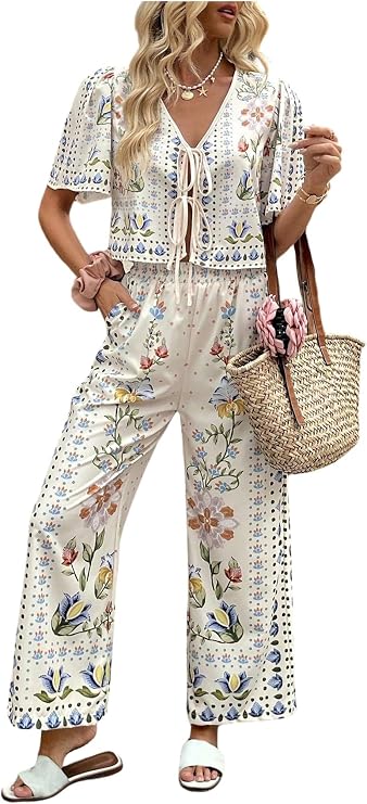 WDIRARA Women's Boho Floral 2 Piece Palazzo Pants Set Short Sleeve Blouse