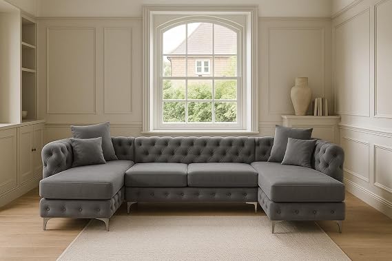 Sofaya U-Shaped Chesterfield Sofa – Deep Button Tufted Sectional with Chaise, Cushions & Chrome Legs – 4–5 Seater Upholstered Couch for Living Room (Grey Plush, Fabric Swatch)