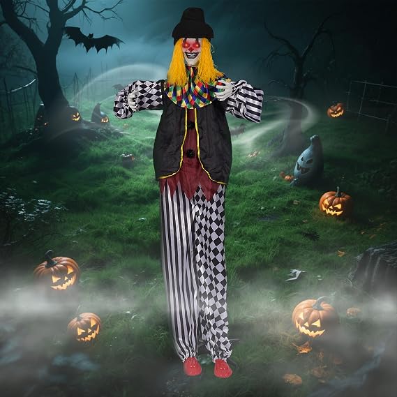 Halloween Animatronic 7.4ft Scary Talking ClownSound Activated Creepy Clown Fright Props, Glowing Eyes & Scary VoiceIndoor/Outdoor Halloween Decor for Yard, Haunted House, Party