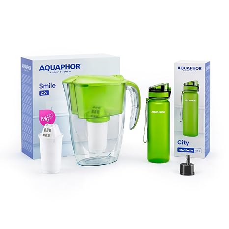 AQUAPHOR Bundle – 2.9L Smile Green Water Filter Jug with A5 Filter (Magnesium added) + 500ml City Filter Water Bottle Green | Reduces Limescale, Chlorine, Microplastics and PFAS | BPA-Free