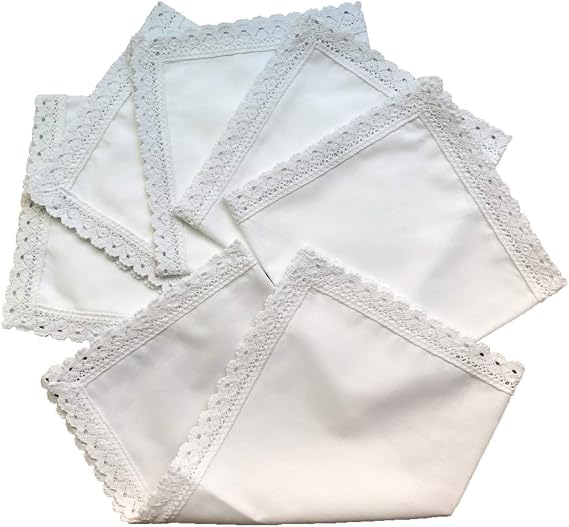 White cotton 11x11 ladys handkerchiefs with lace edge, Set of 6