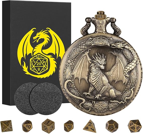 Mini DND Dice Set with Border Standing Dragon Pattern Pocket Watch Shell Case, DND Starter Set, 7pcs Polyhedral Mini Metal Dice Set, D&D Gifts with Gift Box, Role Playing Board Game Accessories,Bronze