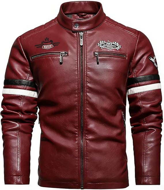 Men's Motorcycle Jacket Faux Leather Zipper Coat Cycling Windproof