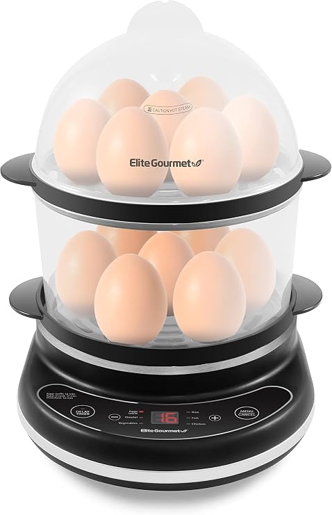 Elite Gourmet EGC314B Easy Egg Cooker Food Steamer, Rice Cooker, Poacher, Omelet & Soft, Medium, Hard-Boiled with Programmable Presets and Delay Timer, BPA Free, 14 eggs, Black