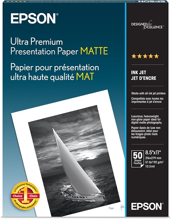 Epson Ultra Premium Presentation Paper (8.5x11 Inches, 50 Sheets) (S041341),White , matte finish