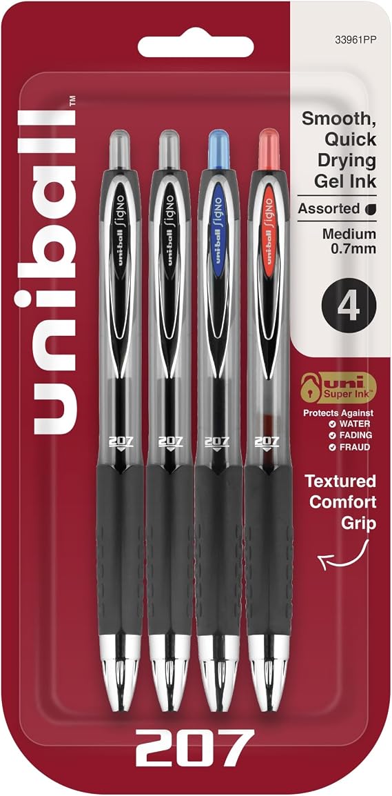 Uni-Ball 207TM Retractable Fraud Prevention Gel Pens, Medium Point, 0.7 mm, Black Barrels, Assorted Ink Colors, Pack Of 4