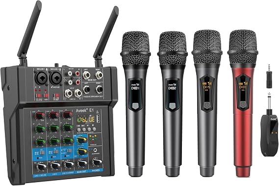 Aveek 200W Powered Amplifier Audio Mixer& Wireless Microphone 108 2packs
