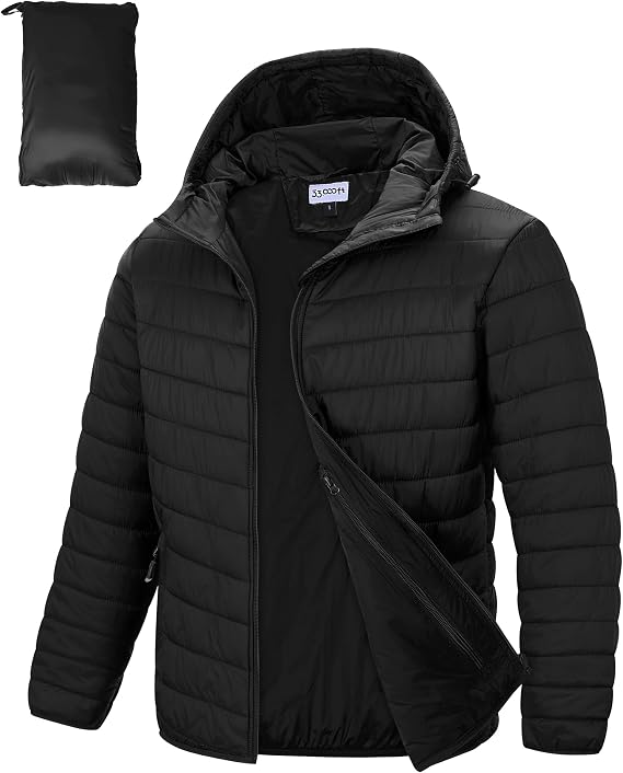 33,000ft Lightweight Waterproof Puffer Jacket Men's Packable Insulated Winter Jacket with Hood Windproof Mens Quilted Coat for Hiking, Travelling