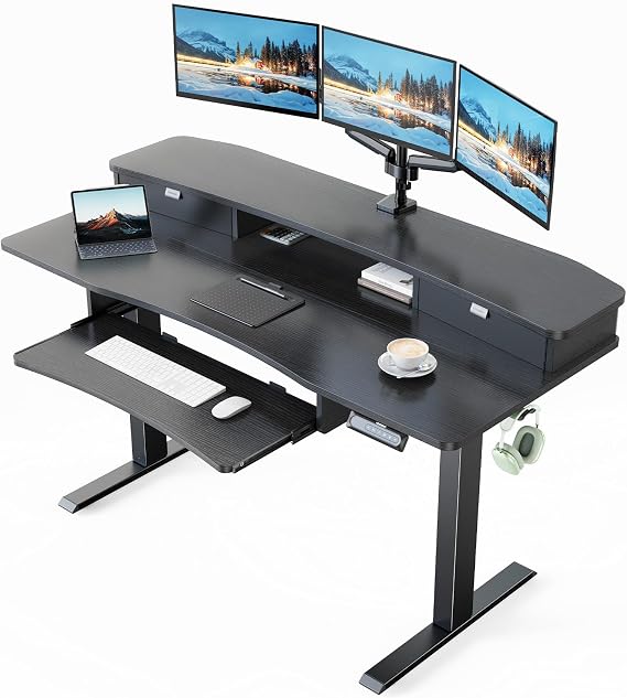 HUANUO 55" x 26" Electric Standing Desk, 2 Drawers & Keyboard Tray, Black