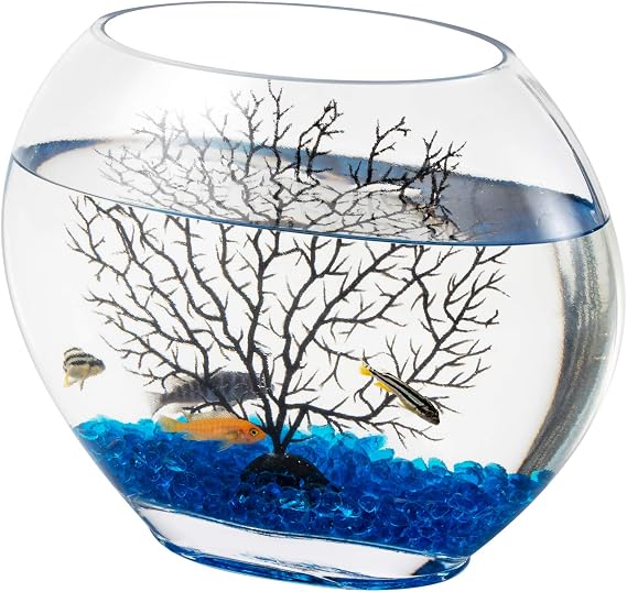 hygger Mini Glass Oblate Fish Bowl Kit, Small Fish Tank  with Blue Aquarium Decor Stones and Plastic Fan Branch Tree Ornament
