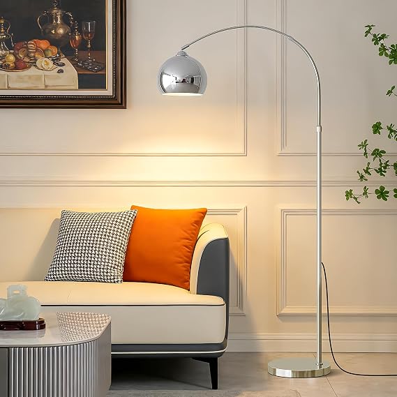 Glossy Chrome Silver Arc Floor Lamp with 12W LED Remote Dimming
