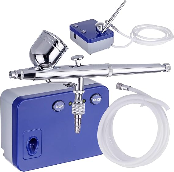 TC TECHNIC - Airbrush Kit - with Mini Compressor - for Model Painting, Bodypainting, Ceramic & Glass, Oil-Free with 0.3mm Nozzle & Double Action Function, 1.8m Hose, Power Supply, Pressure Regulation