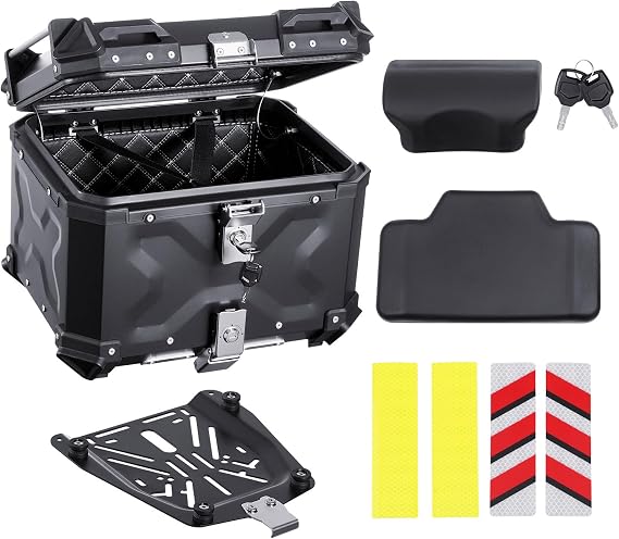 Happybuy Motorbike Rear Case, All-Purpose Metal Motorcycle Trunk with Leather Interior, 45L Water-Resistant Removable Motorbike Rear Box with Lock & Back Padding