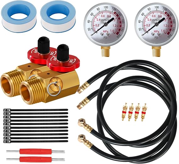 2PK 12Pc Air Tank Repair Kit, SUNROAD Air Tank Hose Assembly Kit Come with Pressure Gauge, Air Hose Connect, Aluminum Knob Air Tank Manifold,Cable Tie,Valve Core Tool and Valve Cores