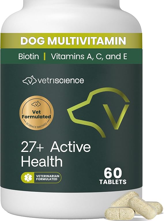VetriScience Senior 27+ Active Health Chewable Tablets, Canine Plus Daily Multivitamin for Senior Dogs, Balanced Vitamins, Minerals and Antioxidants, Aging and Wellness Support, Veggie, 60 Servings
