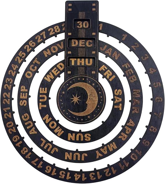 Wooden Rustic Circular Wall Mounted Spin Perpetual Calendar Divination Calendar Wooden Perpetual Calendar Circular Spin Perpetual Calendar Wooden Perpetual Calendar Wall Hanging Ornament