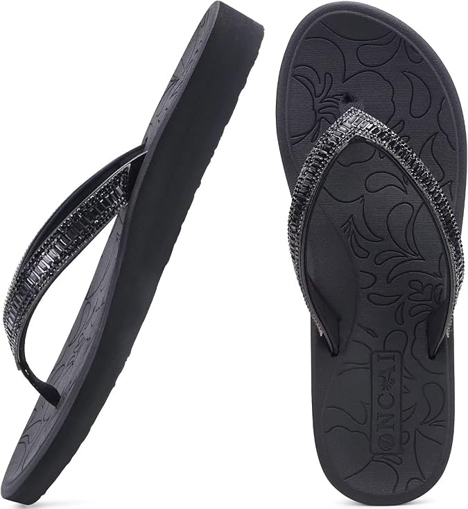 ONCAI Women's Flip Flops with Rhinestone, Arch Support Yoga Mat Comfort Walking Summer Beach Thong Sandals with Plantar Fasciitis Rubber Soles US Size 5-11