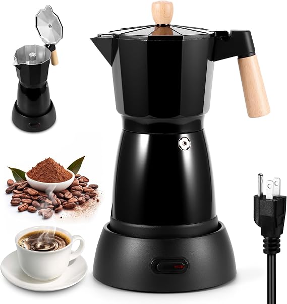 Houkiper 6 Cup Electric Moka Espresso Maker for Home Office Coffee Brewing | Detachable Heating Base, Easy Cleaning, Rich Italian Espresso Flavor, Aluminum Italian Moka Pot
