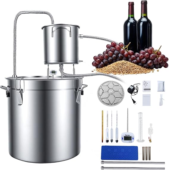 Commercial Home 33L 2-Piece Alcohol Still, Stainless Steel Moonshine Distiller with Thumper Keg, Copper Tube, Dual Thermometer & Circulating Pump for Batch Production