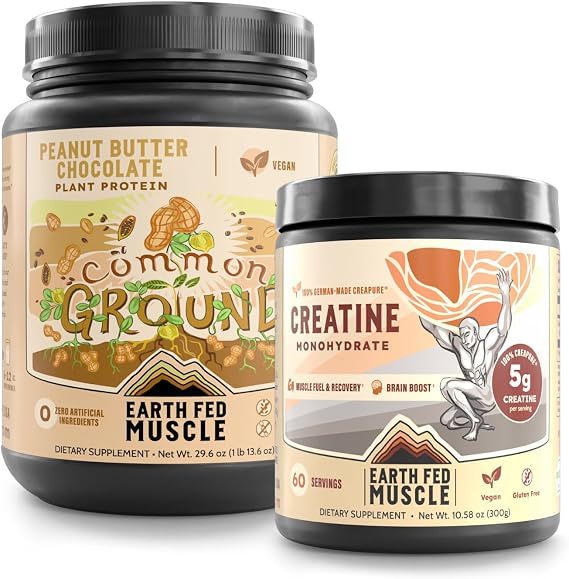 Earth Fed Muscle Vegan Strength & Recovery Bundle Common Ground Plant-Based Protein (Chocolate Peanut Butter) + Transcend German Creapure Creatine Monohydrate Muscle Support & Performance 2-Pack