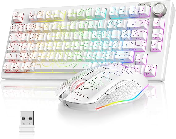 RedThunder K75 75% Wireless Membrane Keyboard and Mouse,3-Mode 2.4G/BT/USB-C,US Layout Side-Engraved,Volume Knob,TKL Ultra Compact Design,Optical Gaming Mouse with 4800DPI for PC Mac (Contour White)