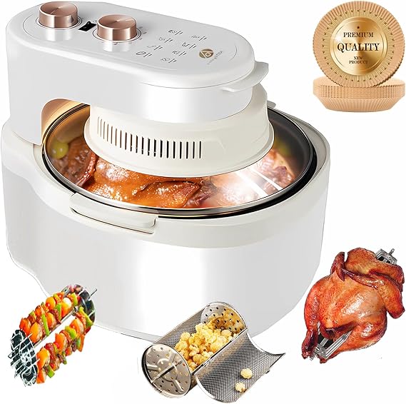 8-in-1 Functions Glass Air Fryer 8 Qt Large Capacity,Explosion-Proof,White Gold and Beige Cream Color,Rotating Grill Basket-Even Heating,Visible Window,Won't Burnt,No Smell