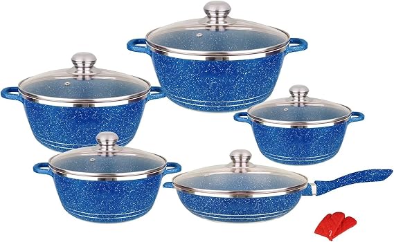 10 Piece Pots and Pans Sets, Nonstick Cookware Sets Cooking Pots and Pans with Glass Lids,Marble Coated Aluminium Home Kitchenware with Saucepans,Frying Pan,Stock Pot(Blue)