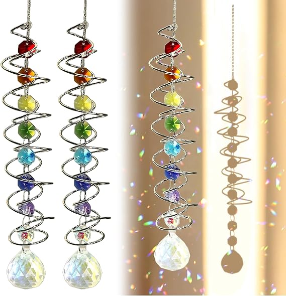 Pack of 2 Crystal Sun Catchers Crystal Wind Chime with Double Spiral Suncatcher Window Decoration Wind Chimes for Outdoor Hanging Sun Catcher for Windows and Garden