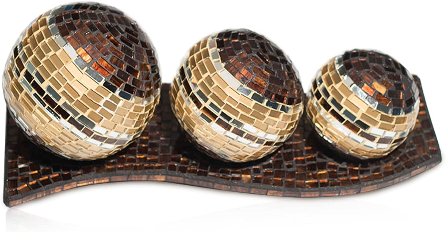 Kim & Joe Spheres and Tray with Hand-Painted Glass Mosaic - Mosiac Glass Balls Decorative Tray - Vitromosaic Orbs for Centerpiece Brown Gold