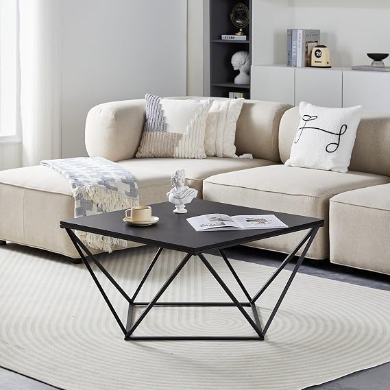 TUKAILAi 32 Square Coffee Table, Industrial Home Accent Table with Metal Frame, Mid-Century Modern Center Table for Living Room, Bedroom, Office (Black)