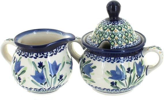 Blue Rose Polish Pottery - Blue Tulip Cream & Sugar Set - 1 Cup Creamer - Hand-Painted Polish Pottery Ceramic Creamer & Sugar Bowl with Lid