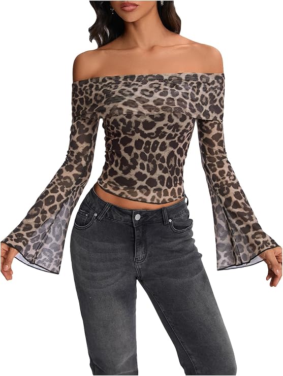 MakeMeChic Women's Y2K Fall Cheetah Print Crop T-Shirt Off The Shoulder Long Sleeve Tops