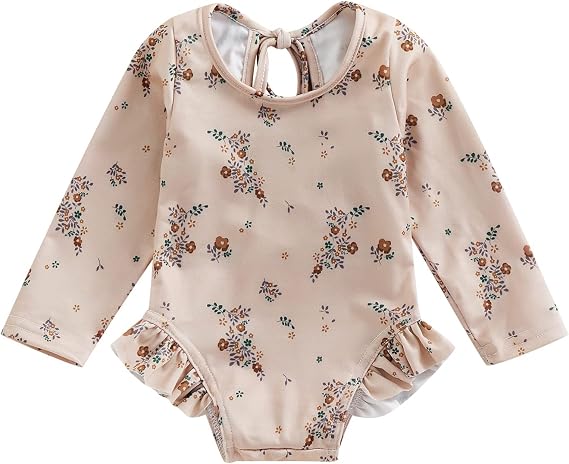 ZAXARRA Little Baby Girls Swimsuit One Piece Rash Guard Long Sleeve Zipper Ruffle Bathing Suit Toddler Summer Clothes