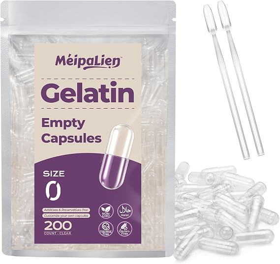 Size 0 Empty Gelatin Capsules - 200 Count | Clear Empty Pill Capsules, Pure Bovine Gel Caps for DIY Supplements, Gluten Free & Non-GMO Certified