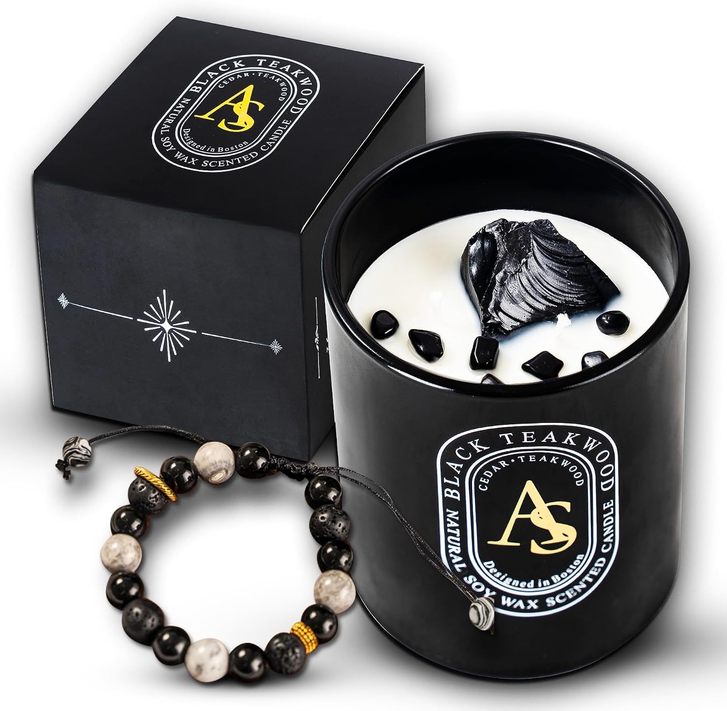 Scented Candle for Men with Luxurious Obsidian Bracelet, Teakwood for Home Scented, Hand-Poured Natural Soy Wax, Stress Relief Masculine Gift for Men, Dad, Boyrfriend, Powerful Manifestation Crystals