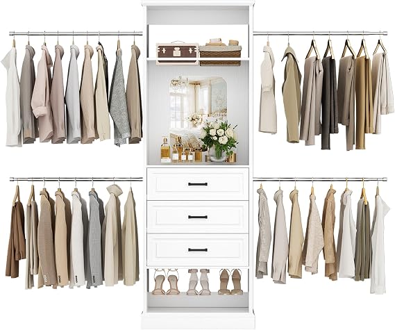 Unikito Closet System, 4FT - 9FT Closet Organizer with Mirror, Luxury Walk in Closet Insert with Drawers and 4 Hanging Rods, Sturdy Wood Wardrobe Closet Garment Rack with 25 Tower, White