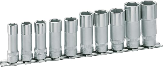 HAZET 880LG/10H 240 mm 6-Point Hexagon Traction Profile Socket Set - Chrome-Plated/Polished