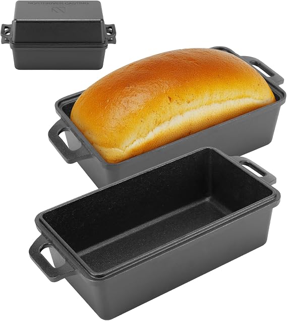 Northriver Casting 95 Inch Cast Iron Loaf Pan with Lid | Bread Baking Pan | Even Heat Distribution for Homemade Bread, Cake, and Meatloaf | 2 Piece Set