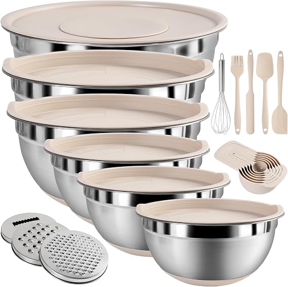 Mixing Bowls with Airtight Lids Set, 20 PCS Kitchen Gadgets Set, 6 Stainless Steel Bowls,3 Grater Attachments,Non-Slip Silicone Bottoms,Great for Serving&Baking,Size 5, 4, 3.5, 2.1, 1.5, 1.1QT Khaki