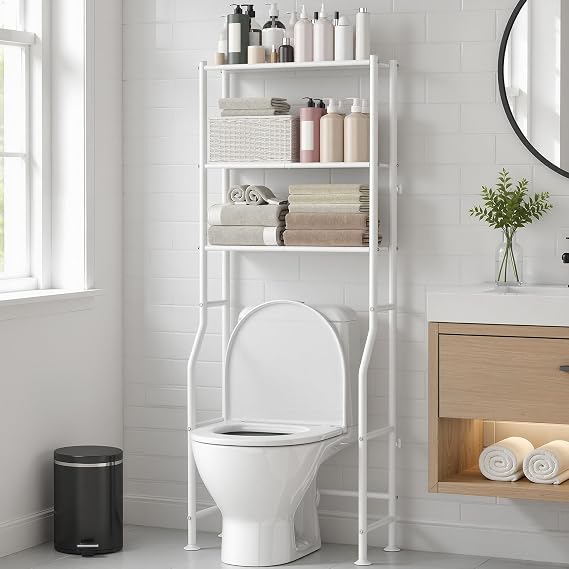 GloTika 3-Tier Over Toilet Storage Rack, Anti-Wobble, White