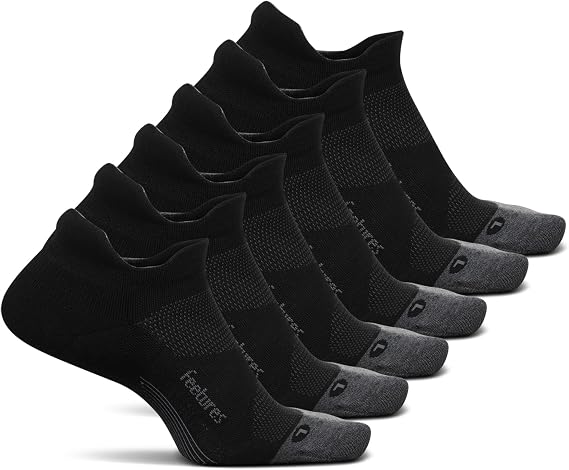 Feetures Elite Max Cushion No Show Tab Ankle Socks - Sport Sock with Targeted Compression - Black, S (6 Pair)