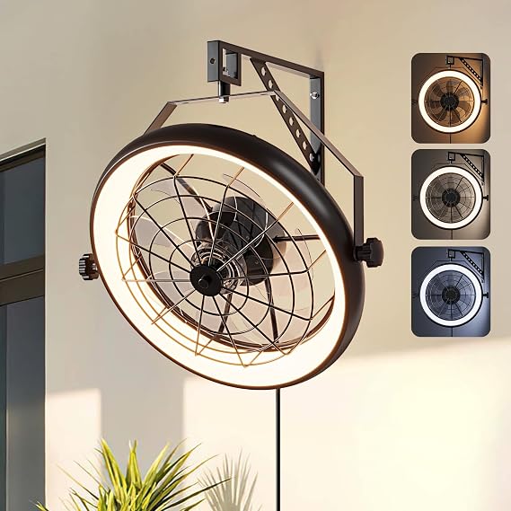 Wall Mounted Fan with Lights, 23 Wall Mount Fan with Remote, 6 Speeds Plug in Wall Fan, Reversible, 3CCT, Dimmable, Noiseless, 360Adjustable Tilt for Workshop, Patio, Home