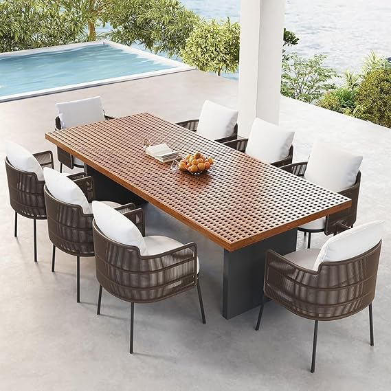 homary 9 Piece Outdoor Dining Set, 94.5" Teak Rectangle Table with 8 Rattan Chairs, Weather-Resistant Patio Dining Set for Garden, Deck & Backyard
