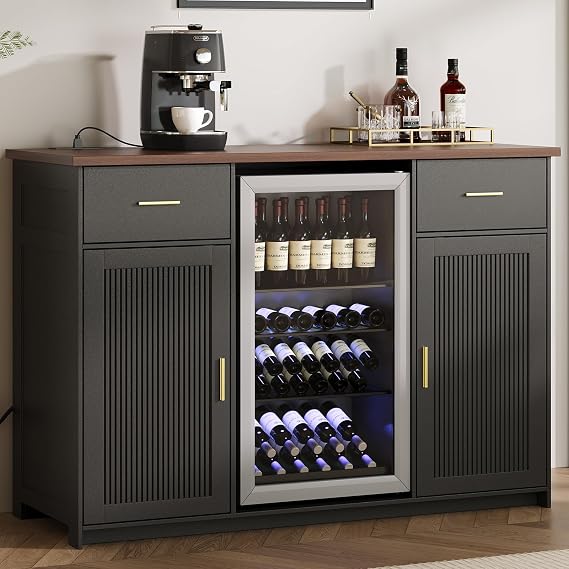 54.72" Coffee Bar Cabinet with Fridge Space, Black Fluted